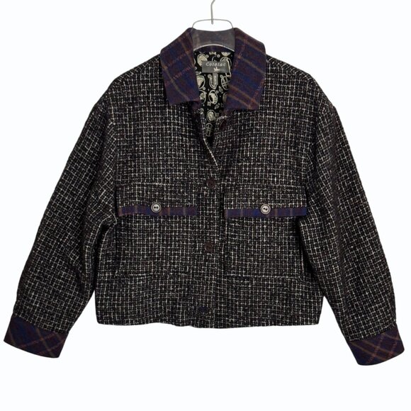 Cotélac Womens Tweed Jacket Plaid Wool Size US 8 Boxy Mixed Media Office Siren - Picture 1 of 14